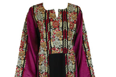 burgundy abaya with lots of floral embroidery all along the abaya with satin sleeves