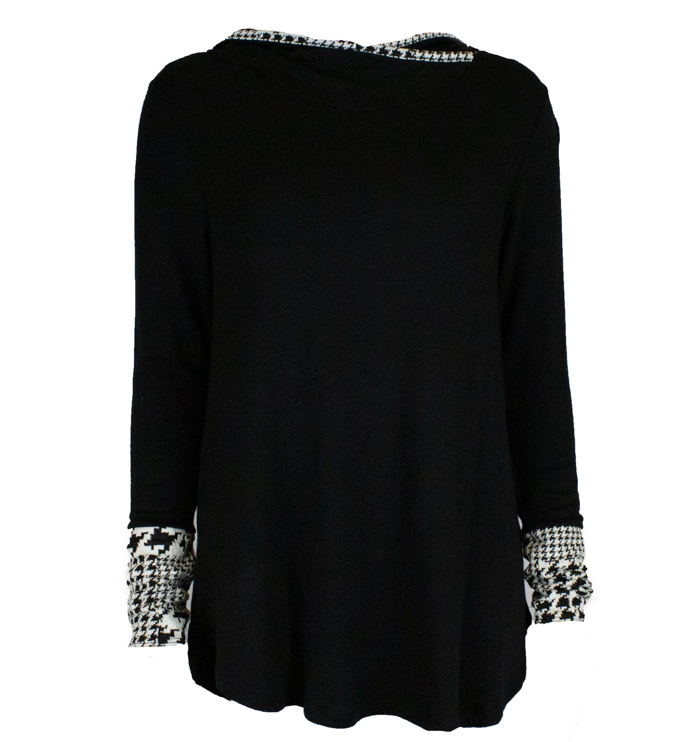 lightweight black sweater with a hood and white and black detailing on the sleeves