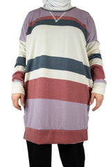 a modest and long plus size striped sweater perfect for hijabis