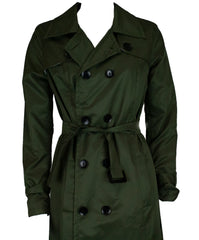 olive trench coat with buttons and a waist tie