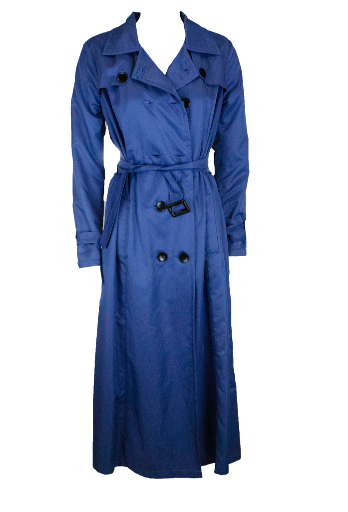 light blue trench coat with buttons and a waist tie