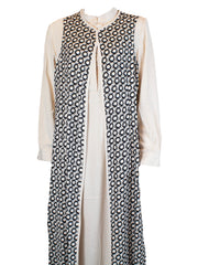 two piece abaya set with printed geometric cardigan and solid dress in creme and black