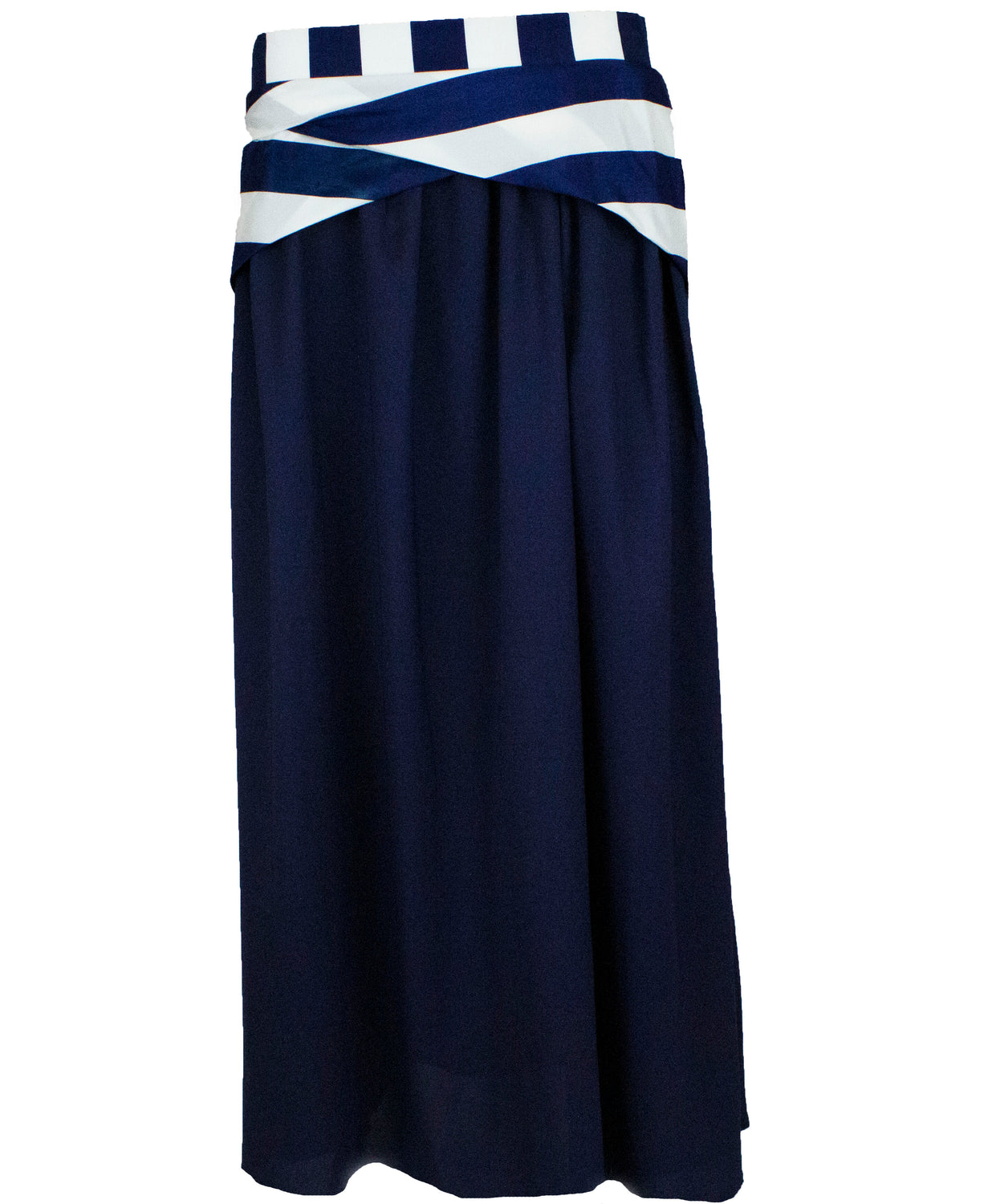 dark navy blue skirt with satin stripes along the waist
