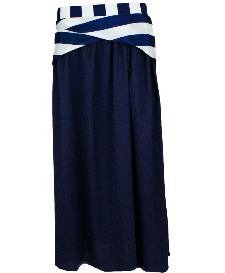 Crepe Skirt with Satin Stripes - Navy