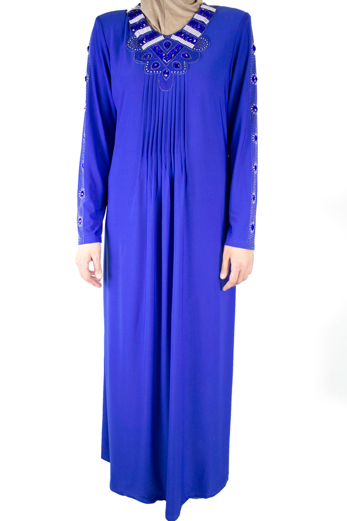 royal blue abaya with pleats on the chest and jewels along the neckline and arms