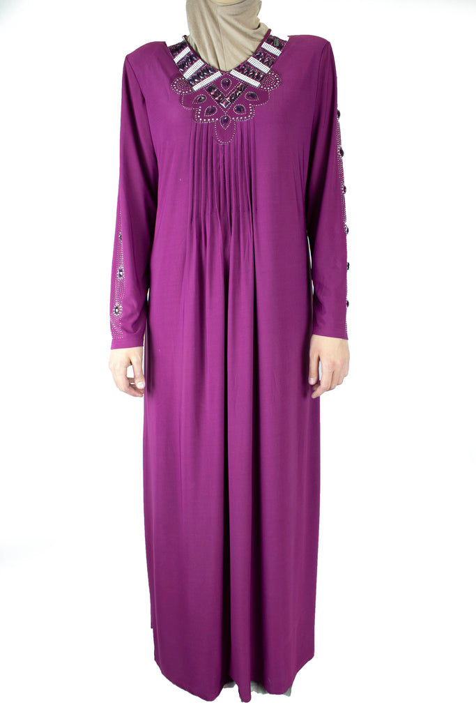 purple abaya with pleats on the chest and jewels along the neckline and arms