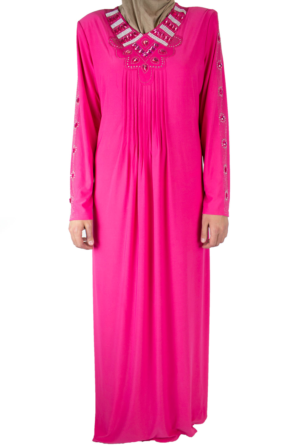 pink abaya with pleats on the chest and jewels along the neckline and arms