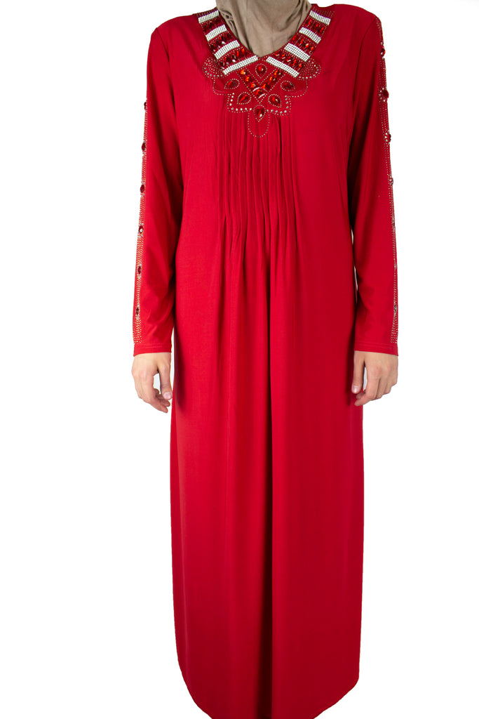 red abaya with pleats on the chest and jewels along the neckline and arms
