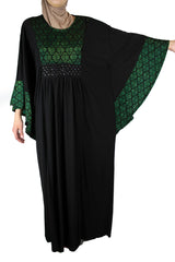 black butterfly abaya with green embroidered metallic detailing