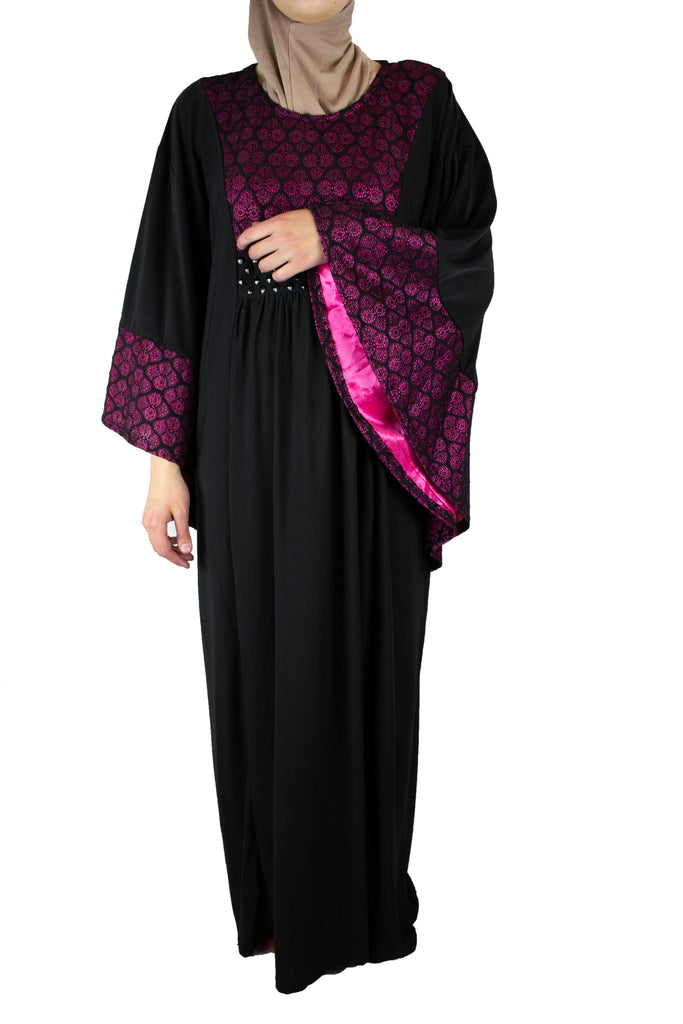 black butterfly abaya with pink embroidered metallic detailing and satin lining
