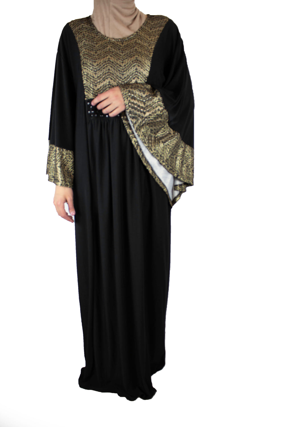 black butterfly abaya with tan embroidered metallic detailing