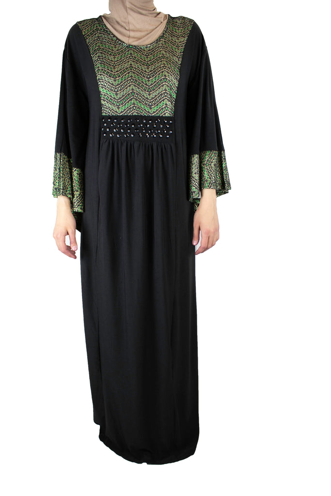 black butterfly abaya with green embroidered metallic detailing