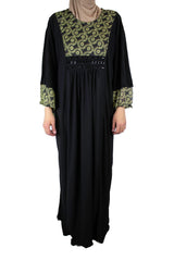 black butterfly abaya with yellow embroidered metallic detailing