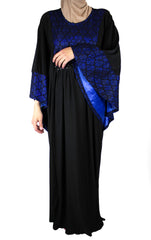 black butterfly abaya with royal blue embroidered metallic detailing and satin lining