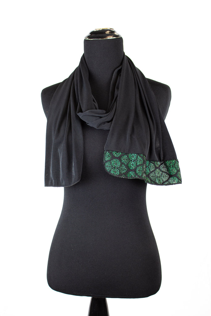 black lycra jersey hijab with green metallic trim
