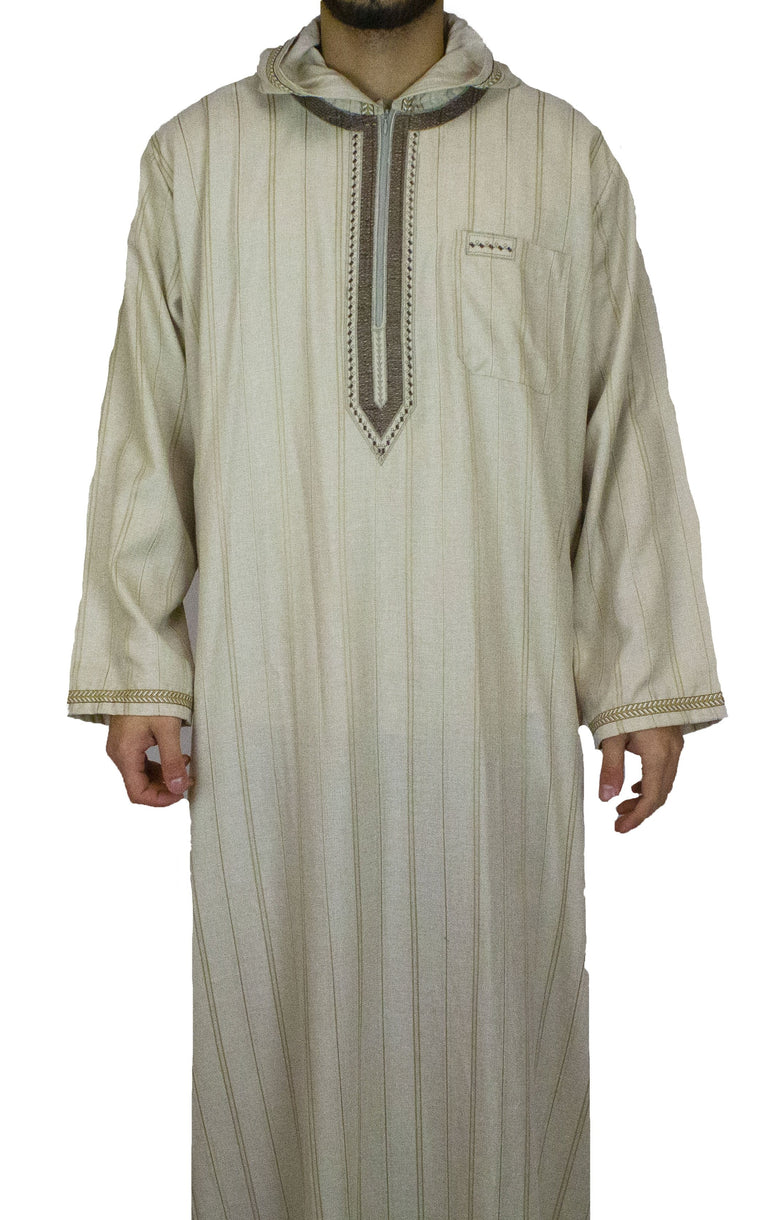 Men's Hooded Thobe - Creme and Brown