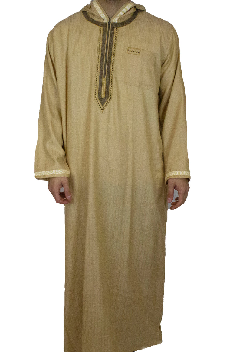 Men's Hooded Thobe - Gold and Brown