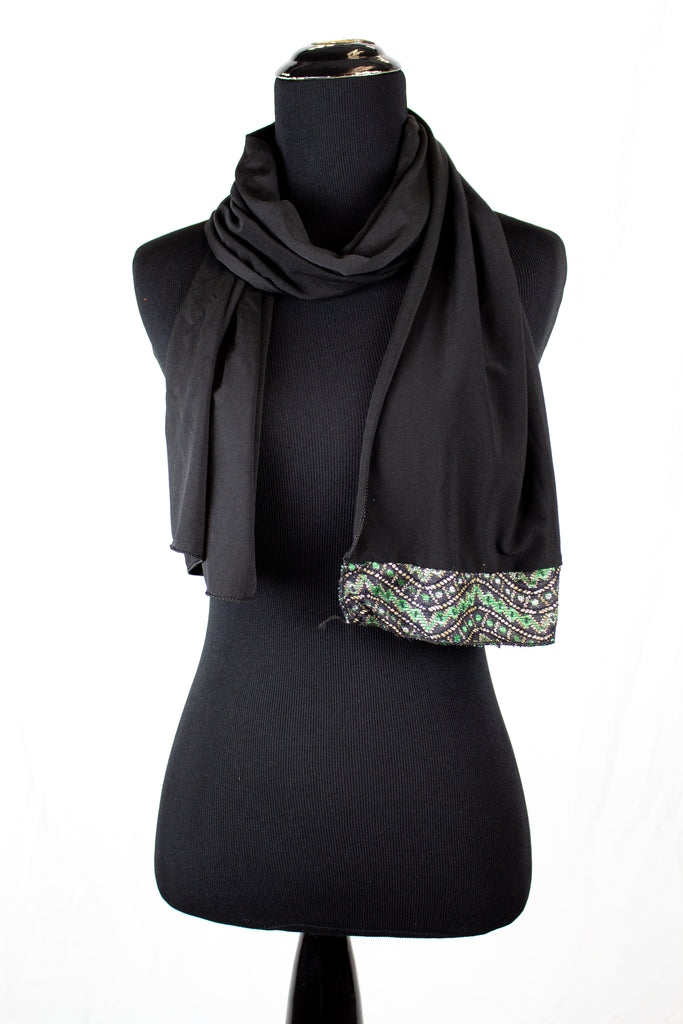 black lycra jersey hijab with green metallic trim