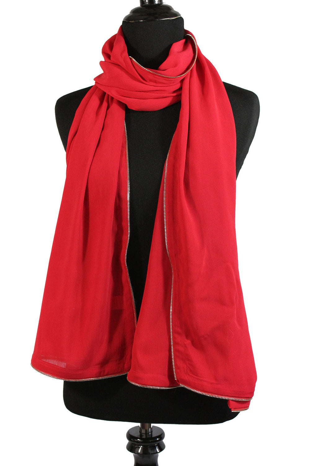 red chiffon hijab with gold zipper embellishment along the edges