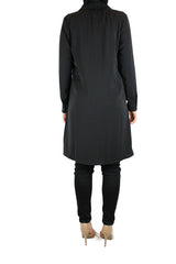 black modest long sleeved dress shirt with pockets and a collar