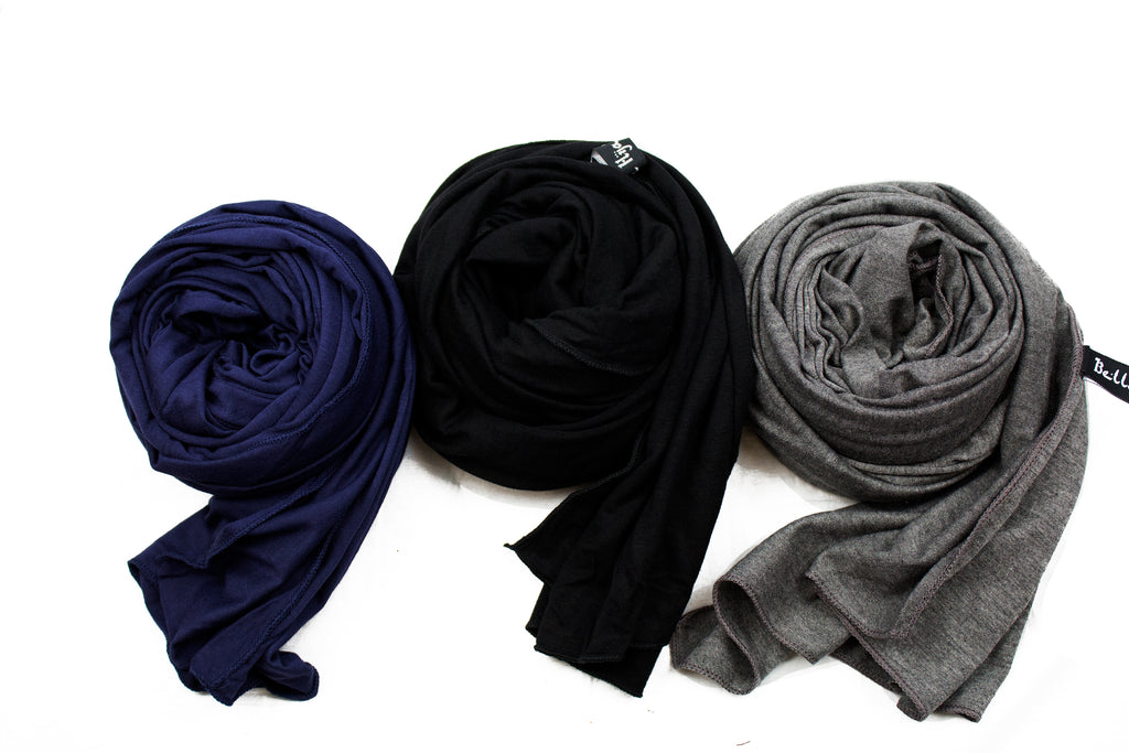 navy, black, and dark gray jersey hijabs in a row 
