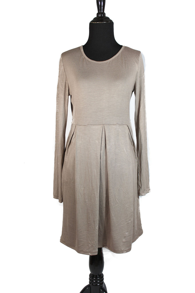 mocha long sleeved midi top with an aline and pleats