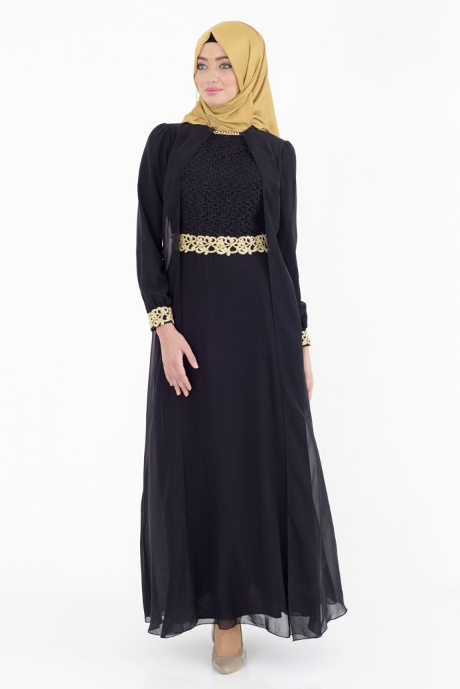 Elegant Abaya With Chiffon Vest - Black