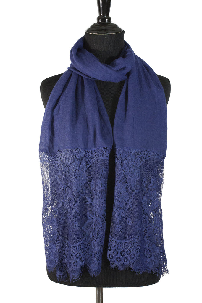 navy blue premium viscose hijab with lace ends and lace trim
