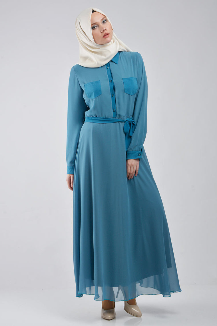Sky Blue Dress with Front Pockets