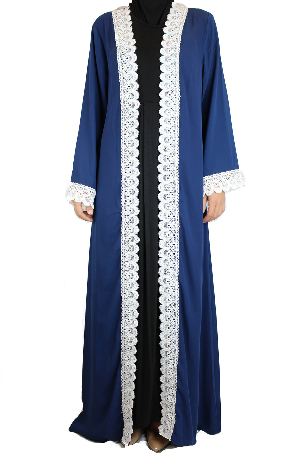 woman wearing an abaya in blue embellished with white lace sleeves