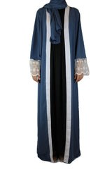 abaya in blue embellished with lace sleeves and a matching hijab