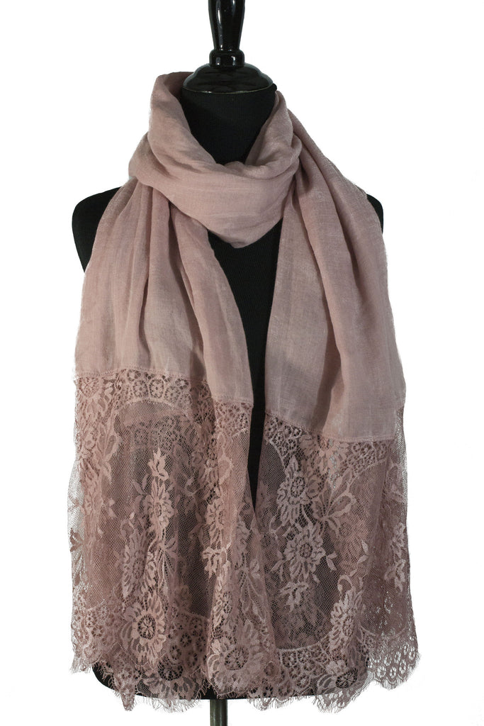 blush pink premium viscose hijab with lace ends and lace trim