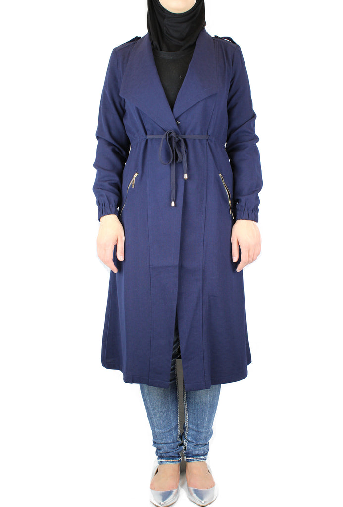 long sleeved navy maxi cardigan with pockets and a waist tie