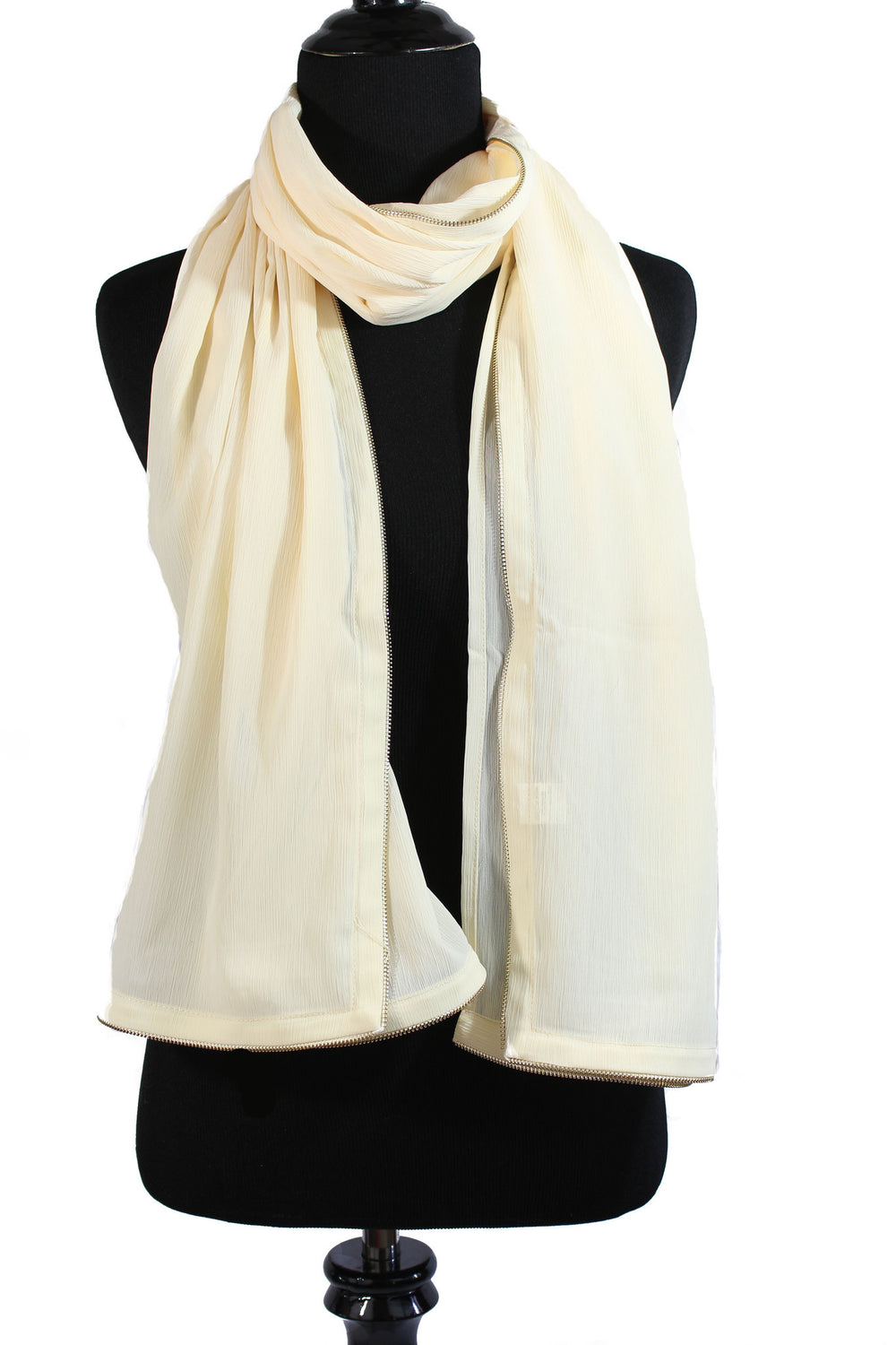 creme off white chiffon hijab with zipper embellishment along the edges