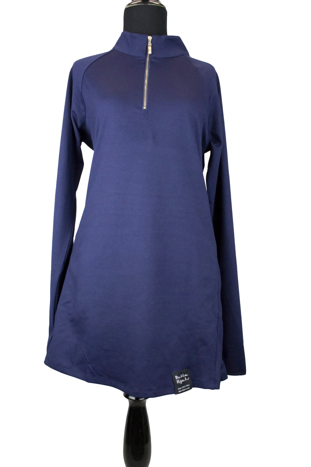 modest navy half zip work out top with long sleeves