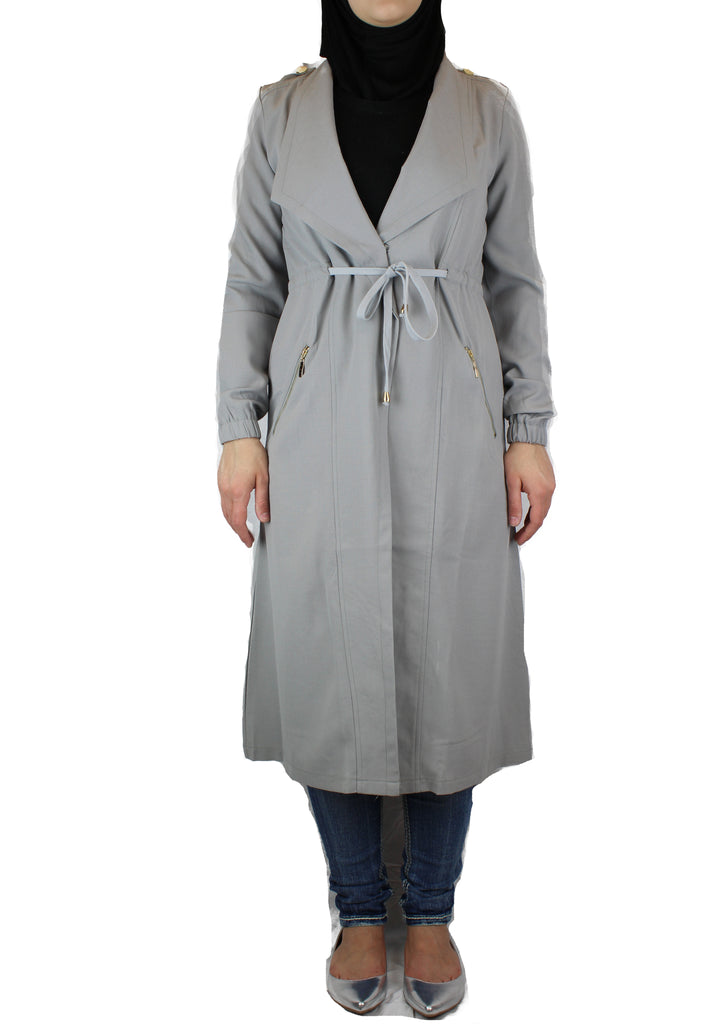 silver open front  long sleeve cascade jacket with pockets and zipper closures with a waist tie