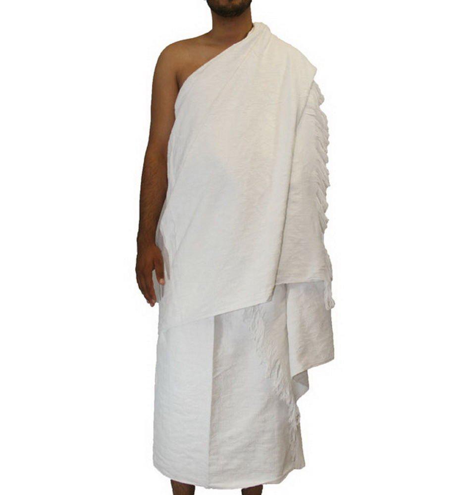 man wearing two pieces of white cloth for umrah