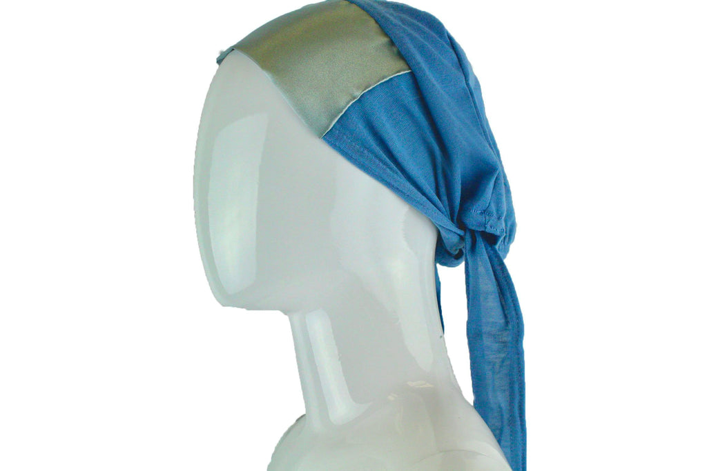 teal blue under cap satin trim bonnet with ties for under the hijab