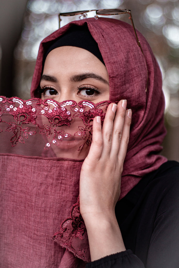 red viscose hijab with lace and sequins on the ends