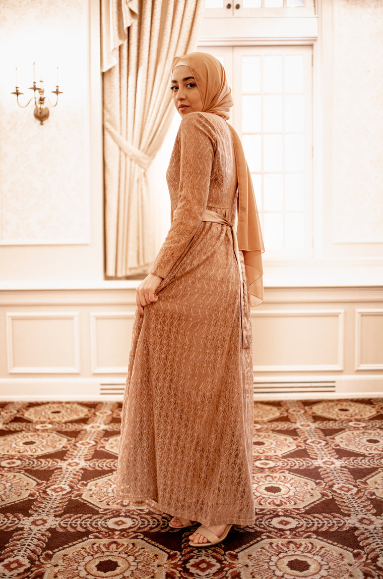 long sleeve occasionwear elegant lace maxi dress with satin waist tie and mocha chiffon hijab