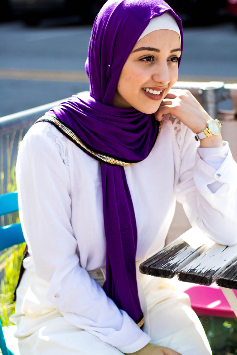 Gold Trim Jersey Hijab - Grape Purple