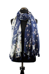 navy floral printed hijab with white and pink florals and tassels