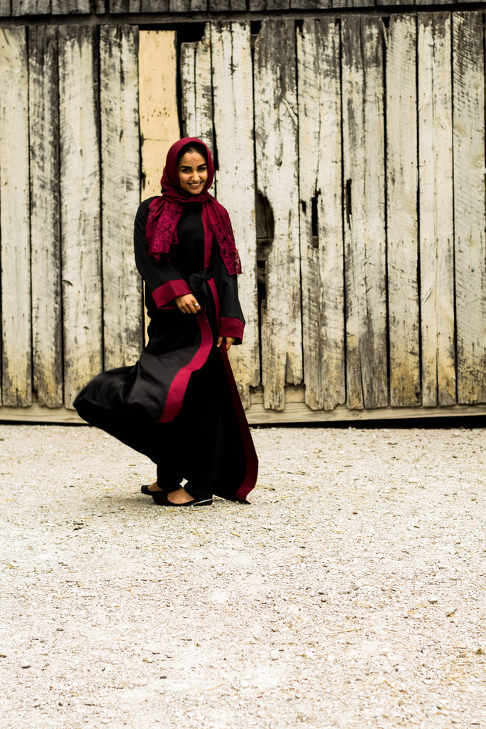 mauve blush pink open front abaya with waist tie