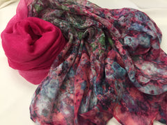 pink hijab with floral mixed print at the ends