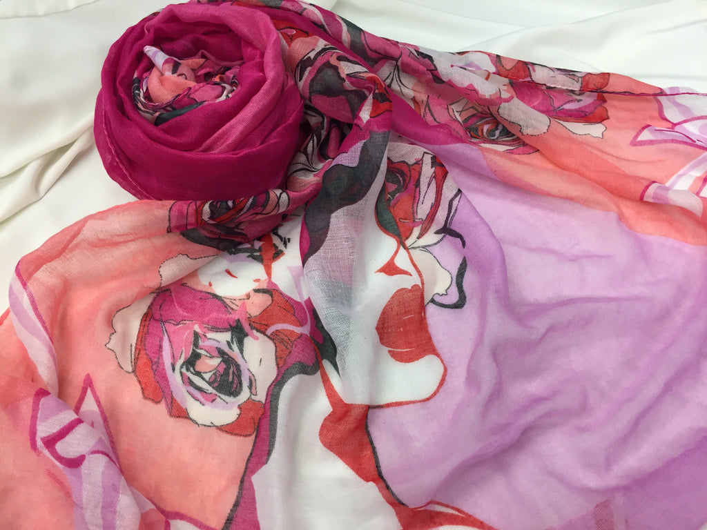 pink and red hijab printed with marilyn monroe and roses 