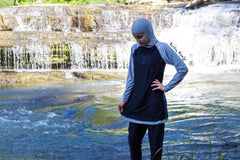 muslim halal burkini swimsuit set in navy and gray with a hijab attached
