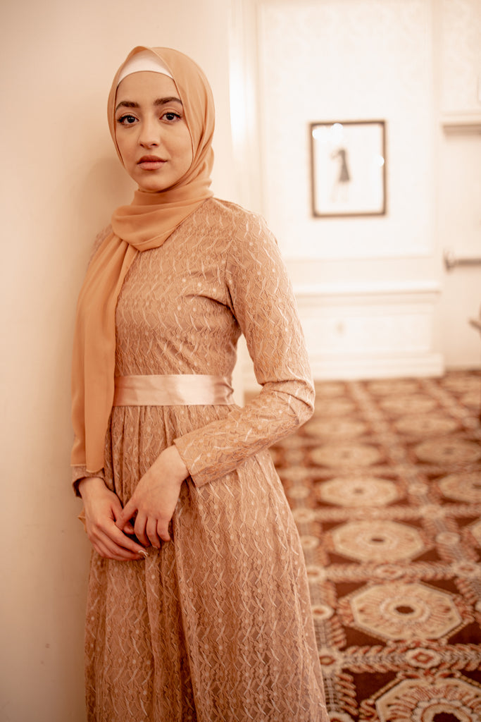 long sleeve occasionwear elegant lace maxi dress with satin waist tie and mocha chiffon hijab