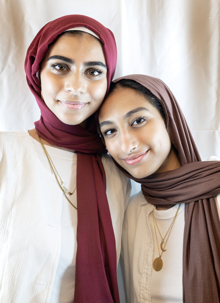 chocolate brown jersey hijab and burgundy maroon red modal hijab