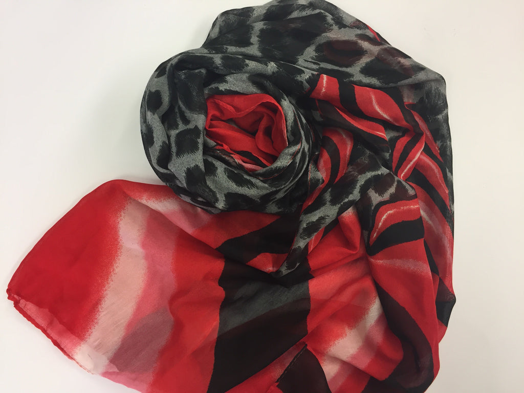 red, gray, white, and black hijab with cheetah print and swirls