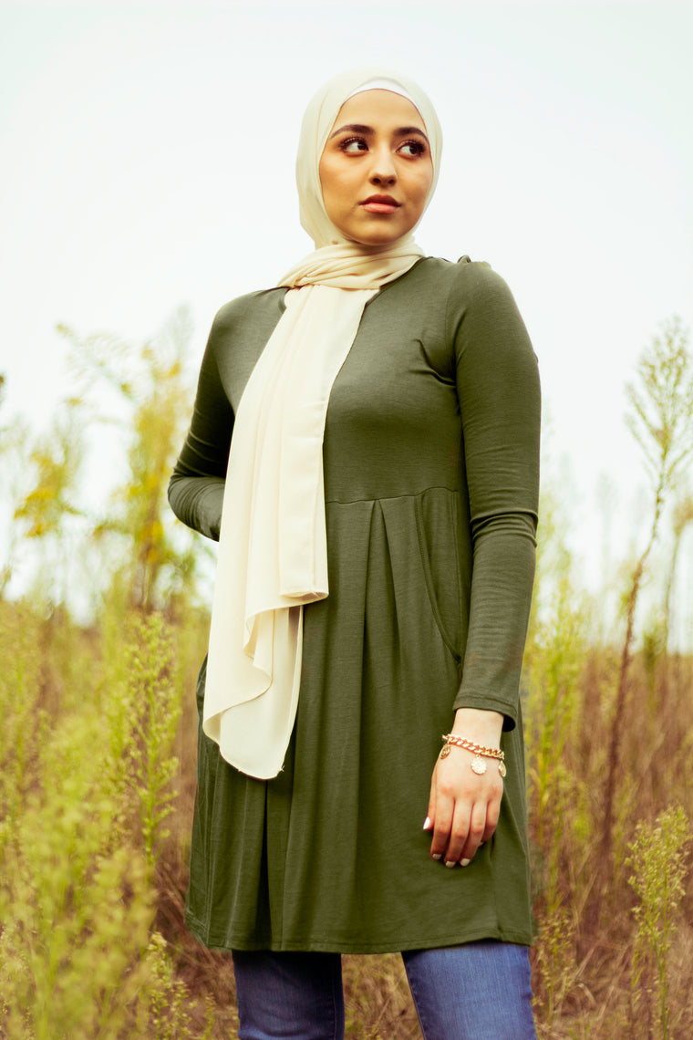 Midi Dress with Pockets - Olive Green